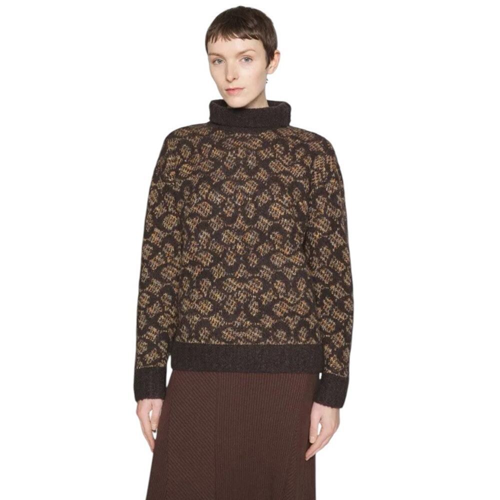 COACH Signature Turtleneck Sweater Women M Brown‎ Wool Alpaca Chunky Knit Luxury